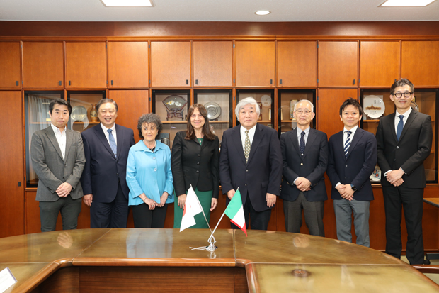 (From the left) Prof. Masamoto, Dr. Oya, Prof. Bandini, Vice Rector Pasi, President Tano, Dr. Abe, Prof. Sogabe, Assoc. Prof. Furukawa 
